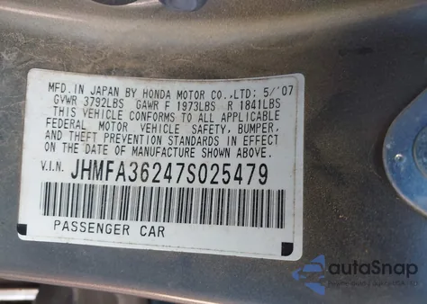 2007 Honda Civic Hybrid z USA, uszkodzony, nr VIN JHMFA36247S025479